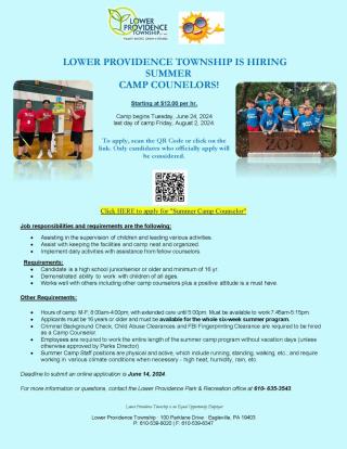 Lower Providence Township hiring camp counselors